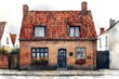 © ubolpun - Charming Watercolor Illustration of a Traditional Brick House with Red Tile Roof.