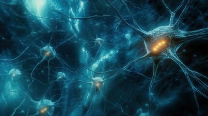 Poster - Microscopic View of Illuminated Neuron Network Abstract 3D Rendering of Neural Connections and Synapses in Teal and Blue Hues.