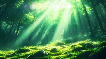 Poster - Seamless Looping. Anime Style Moss-Covered Forest Floor with Gentle Light Rays. Peaceful Nature Animation