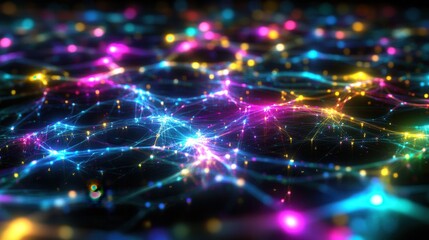 Poster - Abstract Colorful Network Glowing Nodes and Connections, Futuristic Technology Background