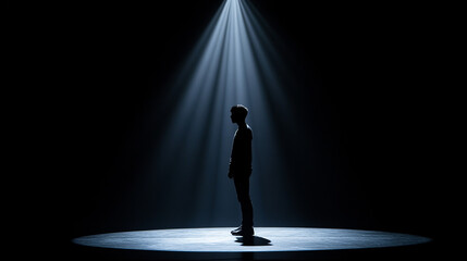 Poster - Silhouette of a person standing under spotlight on a dark stage. 