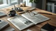 © afif - Open book with glasses on wooden desk, coffee cup and pen nearby.