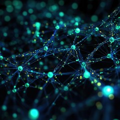 Poster - Abstract Neural Network Glowing Teal Nodes and Connections in Dark Space - Science and Technology Background