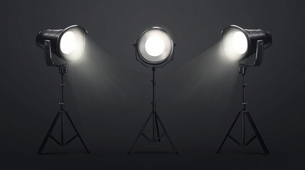 Poster - Professional stage lights illuminating a dark studio space for a performance. 