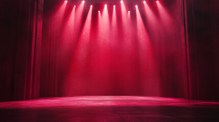 Poster - Bright red stage lights illuminate an empty theater in evening performance. 