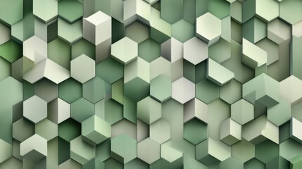 Fototapete - Abstract Green Hexagon Pattern Background: 3D Geometric Design with Shades of Green and White Cubes