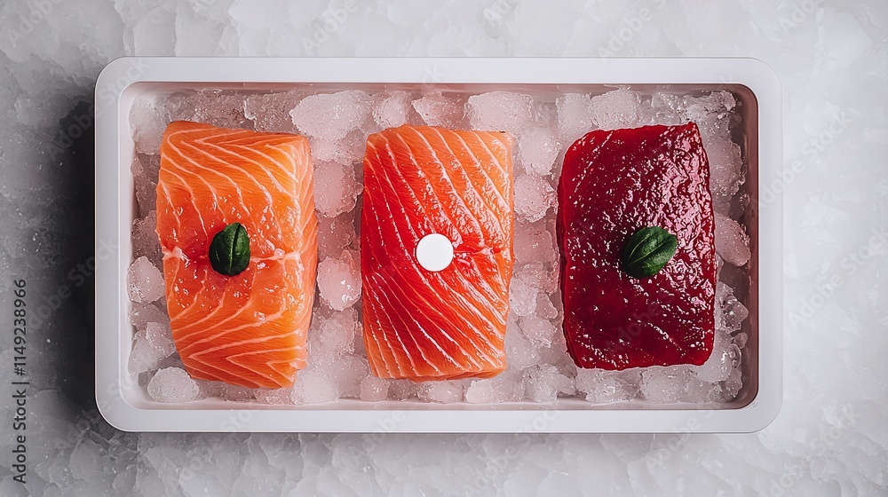 Three types of raw fish fillets (salmon, tuna) on ice in a white tray ...