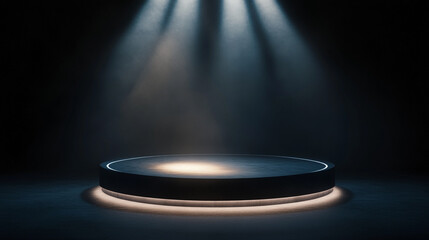 Poster - Illuminated platform with dramatic lighting in a dark environment. 