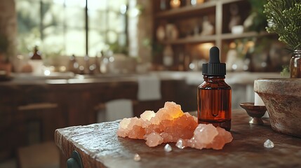 Wall Mural - Amber Elixir: Himalayan Salt & Essential Oil Still Life 