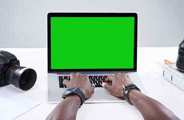 Wall Mural - laptop, green screen or hands typing business email, mockup space or pov of photographer closeup. co