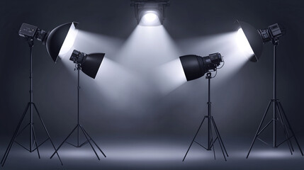 Poster - Studio lighting setup with multiple softboxes and spotlight for photography session. 