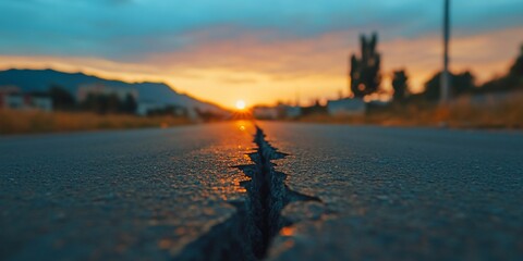 Wall Mural - Sunset view of a cracked asphalt road.