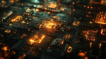 Poster - Glowing Circuit Board Abstract Close-Up of Illuminated Microchip Technology with Orange and Teal Hues
