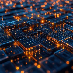 Poster - Abstract 3D Rendering of Interconnected Cubes with Glowing Orange Nodes - Futuristic Technology and Network Concept