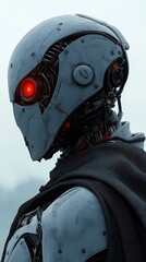 Poster - Futuristic robot with gray armor, red eyes. Advanced tech design. Possible sci-fi scene. Cyberpunk style. Detailed model. Strong imagery. Future tech concept. Wear armor, cape, look attentive. AI