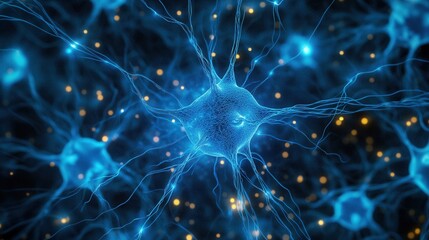 Poster - Microscopic View of Neuron Network Glowing Blue Neural Connections, Brain Cells, Synapses, Neuroscience, Medical Research, Abstract Background