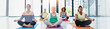 © peopleimages.com - Yoga class, lotus and women in meditation together for fitness, holistic exercise and balance in banner. Pilates, calm and group of people relax for zen, wellness and peace to align chakra in studio