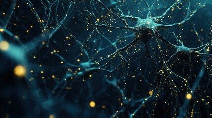 Poster - Microscopic View of Neuron Network with Glowing Synapses Abstract Teal and Gold Neural Connections Background