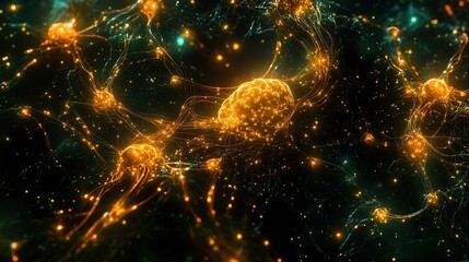 Poster - Abstract Neural Network Glowing Orange and Teal Synapses, High-Resolution Microscopic Visualization of Brain Cells,  Complex Interconnected Network, Digital Art, Scientific Background