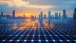 © RIVALDI - City skyline at sunset reflected on vast solar panel array.