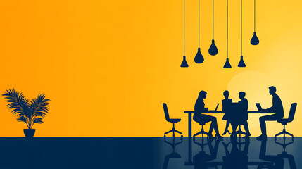 Poster - A silhouette of a business meeting with people around a table, set against a vibrant orange background, featuring hanging lights and a plant