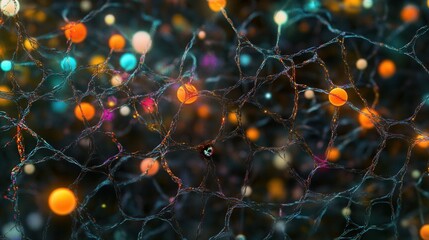 Poster - Microscopic Network Abstract Cellular Structure with Vibrant Nodes and Filaments, Intricate Bio-Art Image