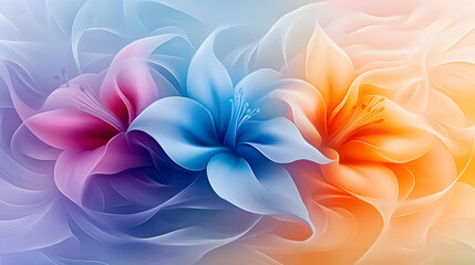 Poster - A vibrant, abstract floral design featuring pink, blue, and orange lilies against a soft gradient background