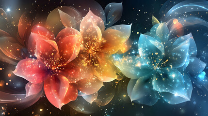 Poster - A vibrant digital artwork featuring luminous flowers in orange and blue hues, with sparkling accents against a dark background