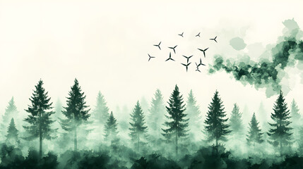 Poster - A serene forest scene with tall trees and birds flying in formation against a misty background, evoking tranquility and nature's beauty