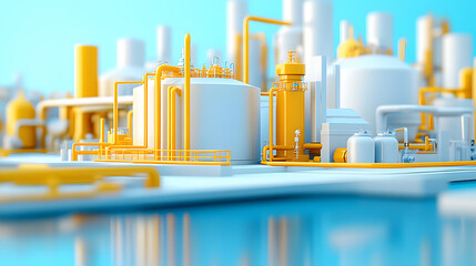 Aufkleber - A vibrant, stylized depiction of an industrial landscape featuring tanks, pipes, and structures in yellow and white against a serene blue background