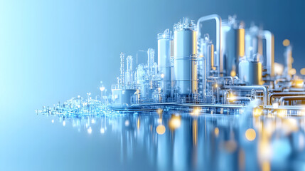 Poster - A futuristic industrial landscape featuring illuminated structures and reflections, showcasing advanced manufacturing and technology