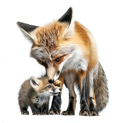 Adult fox nuzzling its playful cub, white isolate background.