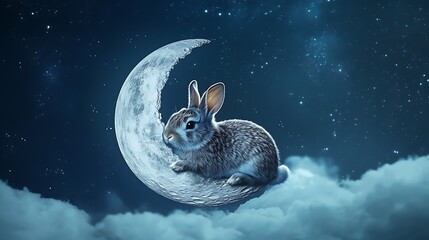 Wall Mural - adorable rabbit sitting peacefully on a realistic floating moon against a deep night sky