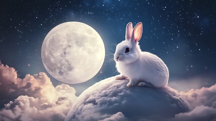 Wall Mural - adorable rabbit sitting peacefully on a realistic floating moon against a deep night sky