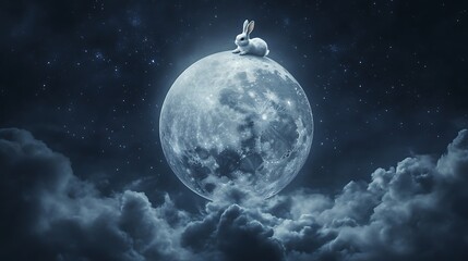 Wall Mural - realistic moon floating gently with a playful rabbit nestled on top against a nightscape