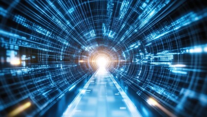 Poster - Futuristic digital tunnel with glowing light at the end.