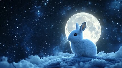 Wall Mural - moon rabbit enjoying the glow of a realistic floating moon amidst a galaxy of stars