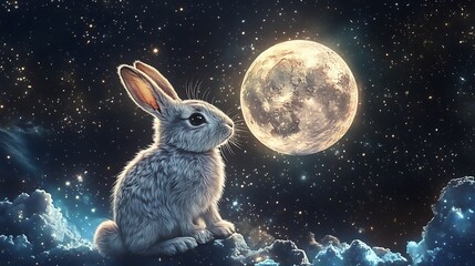 Wall Mural - moon rabbit enjoying the glow of a realistic floating moon amidst a galaxy of stars