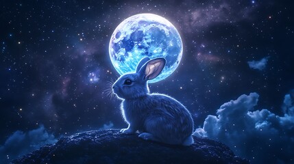 Wall Mural - moon rabbit enjoying the glow of a realistic floating moon amidst a galaxy of stars