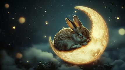 Wall Mural - cute rabbit cuddling up on a glowing floating moon in a tranquil celestial scene