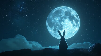 Wall Mural - realistic floating moon glowing softly with a rabbit gazing at the stars from its surface