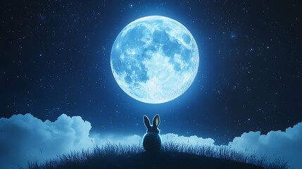 Wall Mural - realistic floating moon glowing softly with a rabbit gazing at the stars from its surface