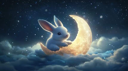 Wall Mural - adorable moon rabbit nestled atop a floating moon with soft light in a peaceful night sky