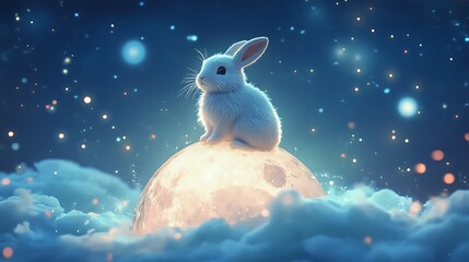 Wall Mural - whimsical moon rabbit perched on a luminous floating moon surrounded by celestial light