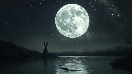 Wall Mural - realistic moon floating gently with a whimsical rabbit gazing up at the stars