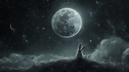 Wall Mural - realistic moon floating gently with a whimsical rabbit gazing up at the stars