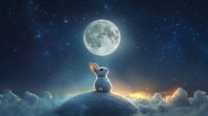 Wall Mural - realistic moon floating gently with a whimsical rabbit gazing up at the stars