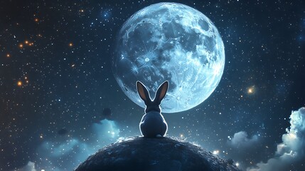 Wall Mural - realistic moon floating gently with a whimsical rabbit gazing up at the stars