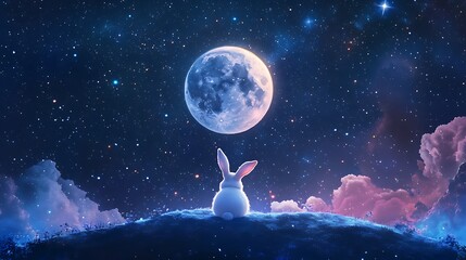 Wall Mural - floating moon with an adorable rabbit enjoying the quiet night amidst a galaxy of stars