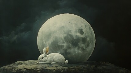 Wall Mural - realistic floating moon softly illuminated with a rabbit resting peacefully on top
